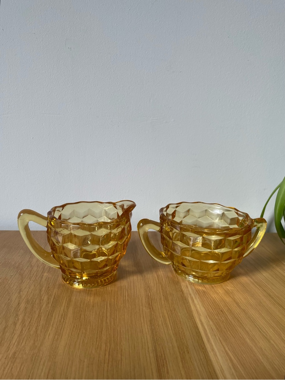 Vintage Jeannette Cubist Amber Depression Glass Creamer and Sugar Set 1930s